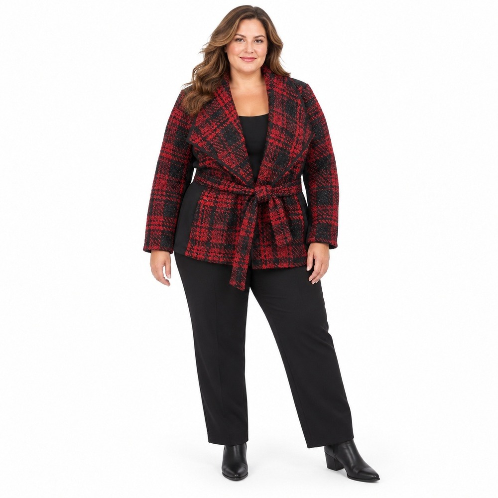 Lane Bryant 26/28 Red Black Plaid Boucle Belted Wrap Jacket Metallic Holiday
